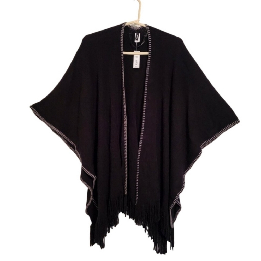 Apt. 9 Black w Gray Embroidered Trim Fringed Open Shawl Sweater